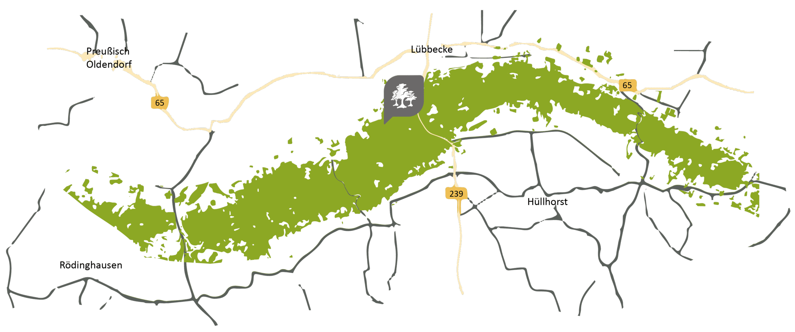 Stilisierte und reduzierte Illustration einer Karte vom Wiehengebirge. Das Pflanzgebiet ist auf der Karte gekennzeichnet.